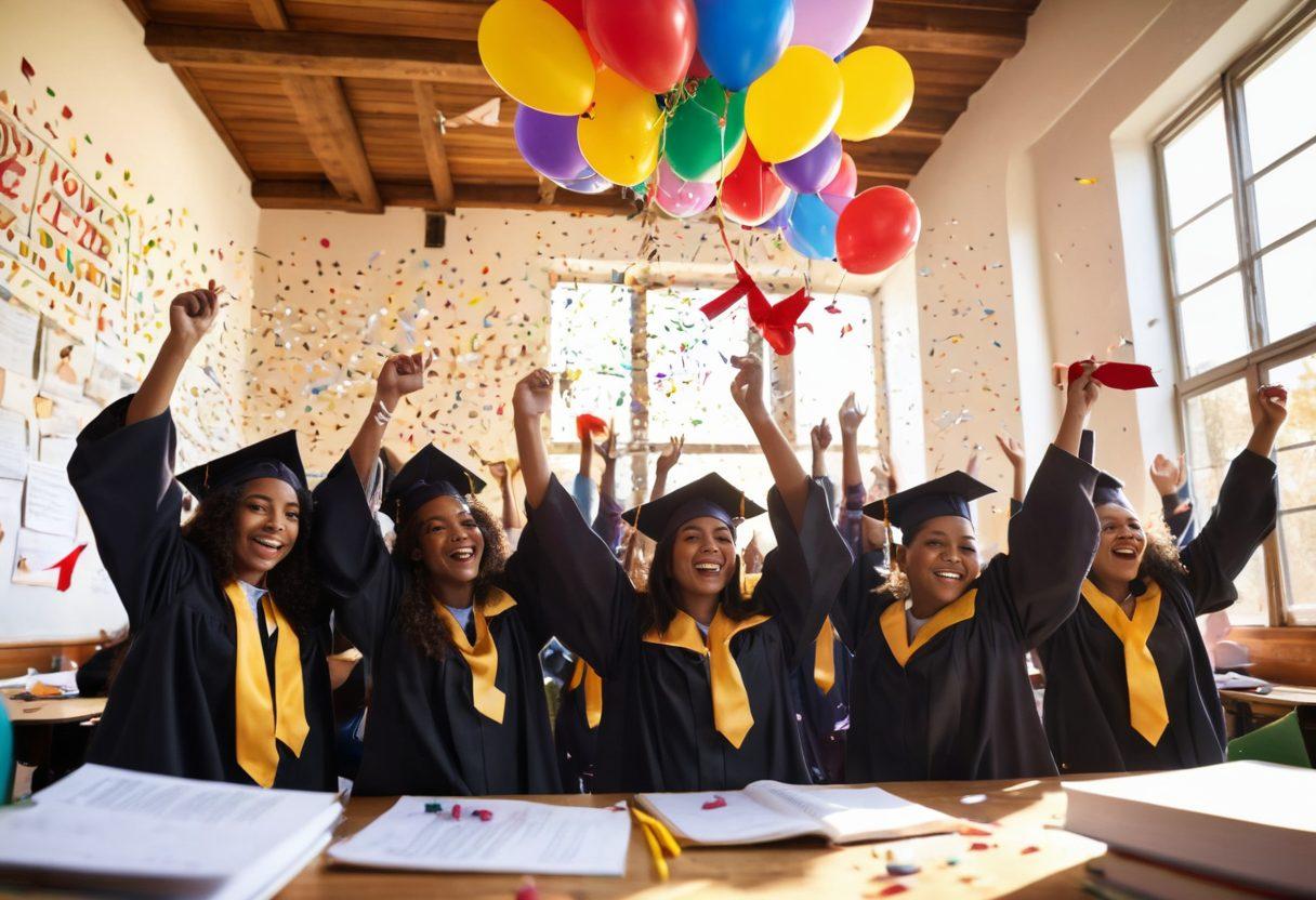 A bright and inviting scene depicting a diverse group of enthusiastic students celebrating with graduation caps, surrounded by symbols of joy like balloons and confetti. In the background, piles of books and scholarship documents are scattered, symbolizing opportunities. The sun is shining brightly, adding an optimistic glow. The overall atmosphere is vibrant and uplifting, capturing the essence of joy in education. vibrant colors. super-realistic.