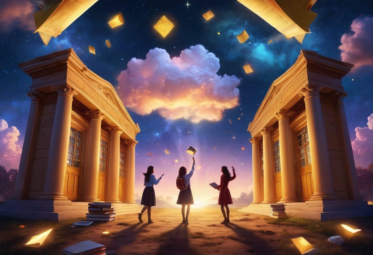 A vibrant, dreamlike landscape showcasing a diverse group of students studying and celebrating their achievements under a surreal night sky filled with glowing stars and academic symbols like books and diplomas. Incorporate pathways made of golden coins leading to open doors labeled with various scholarship programs. Include ethereal elements like floating clouds and bright beams of light symbolizing hope and opportunities. super-realistic. vibrant colors. surrealistic style.